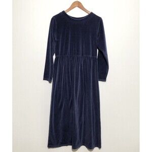 LL Bean Dress Womens 8 Blue Velour Midi Long Sleeve Modest USA Cotton Vintage